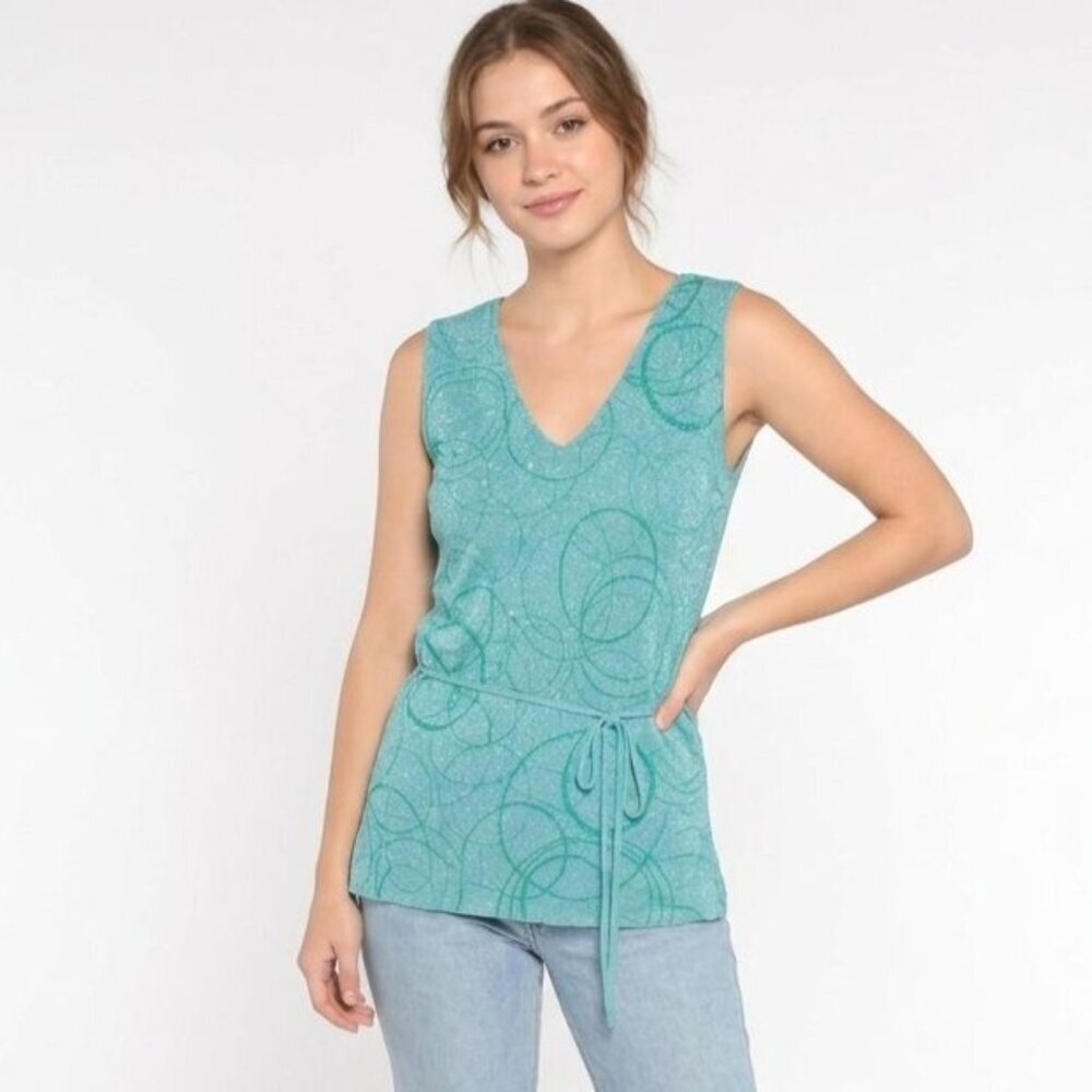 Express V-neck Shimmer Shiny Knit Top Women Size M Blue Green Sleeveless Belted